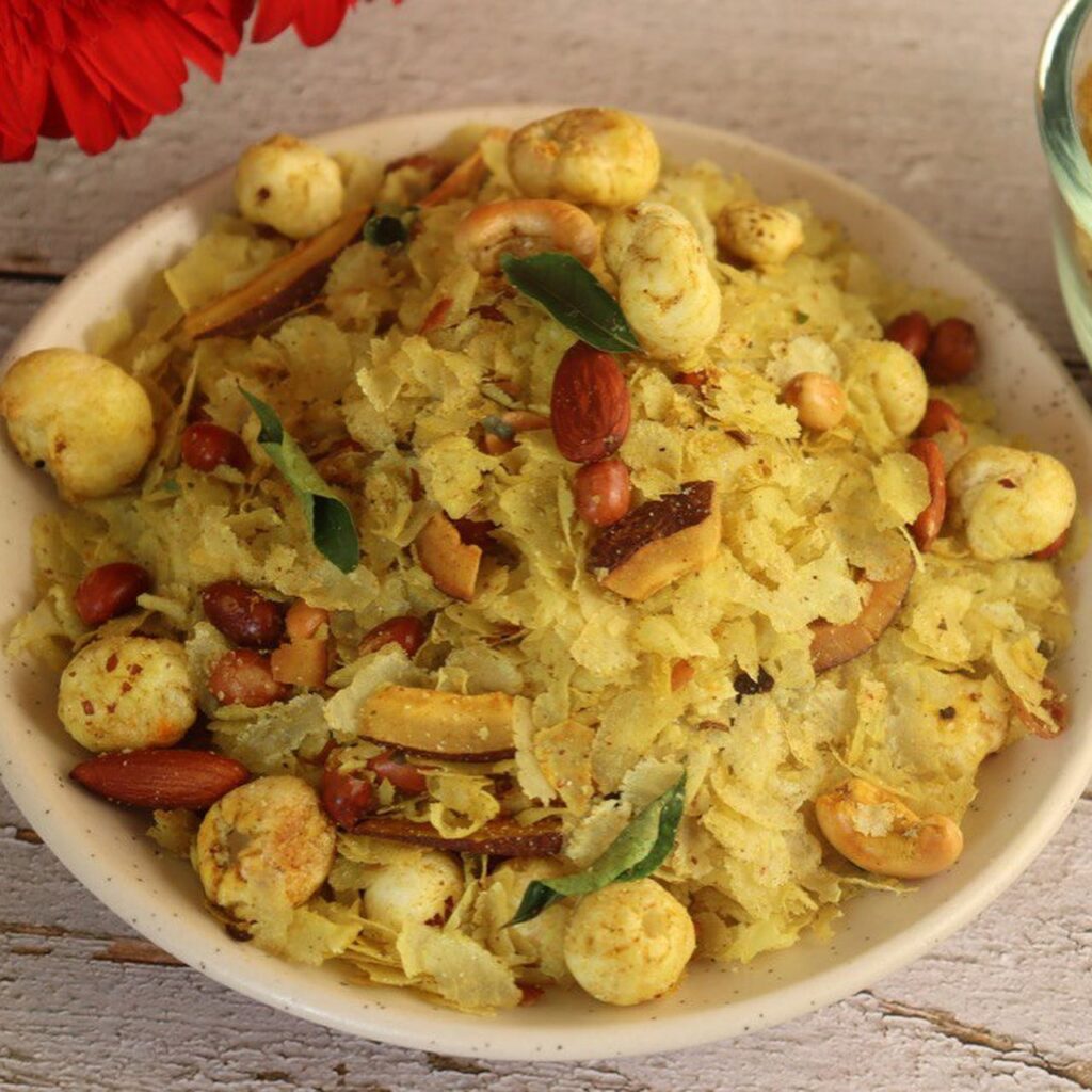Bowl of crispy chivda prepared for the festival.