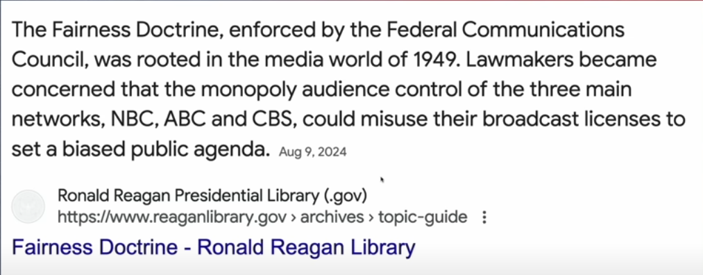 "Bill O'Reilly discussing the impact of the Fairness Doctrine repeal on media bias during a television interview."