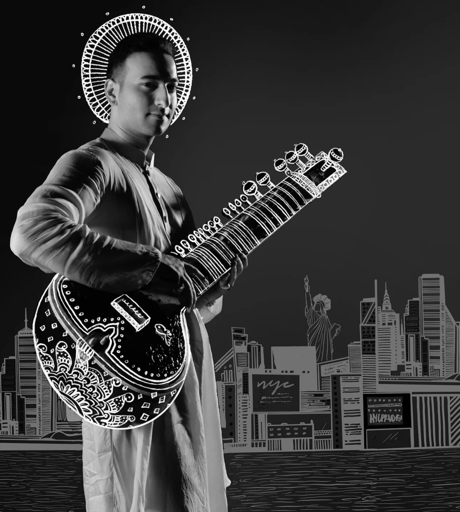 Rishab Rikhiram Sharma playing the sitar at a live concert.