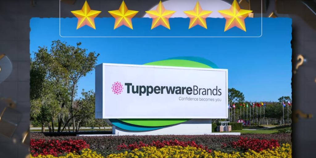 Tupperware containers displayed on a kitchen counter with a faded "Closed" sign overlaid, symbolizing the company’s decline and eventual bankruptcy.