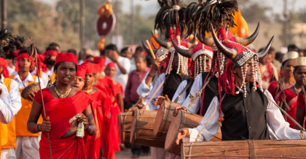 A colorful chariot procession during Bastar Dussehra with devotees pulling the chariot through the streets of Jagdalpur.