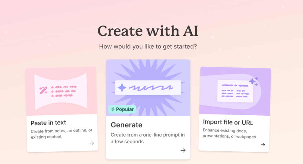 Gamma AI tool interface displaying a professional presentation being generated instantly. The AI tool automates the process of creating stunning presentations, documents, and web pages by transforming user input or imported content into a fully designed presentation with text, images, and graphics. Ideal for entrepreneurs and professionals looking to save time and boost productivity.