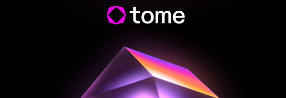 An interface of Tome, showcasing an AI-generated story with visually appealing graphics and layout. The screen displays a captivating narrative created from a simple text prompt, emphasizing customization options for users to refine their stories.
