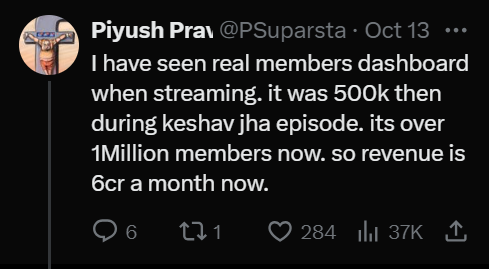 Dashboard showing Samay Raina's YouTube members growing from 500k during the Keshav Jha episode to over 1 million, leading to ₹6 crore in monthly revenue.