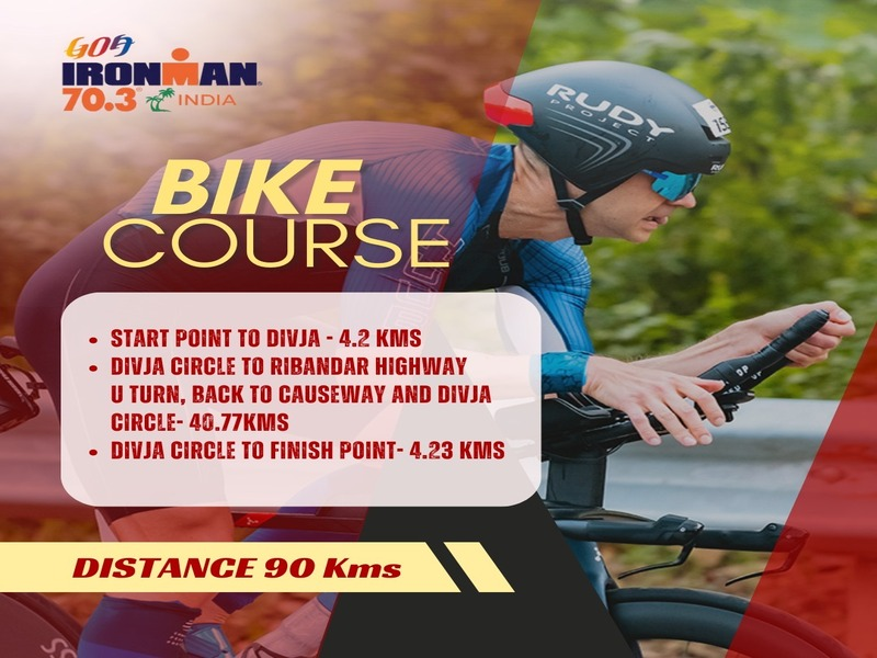 "Cyclists racing through the scenic streets of Panaji as part of the IRONMAN 70.3 Goa cycling segment."