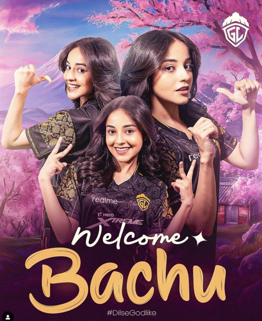 "Bachu joins Godlike Esports as an actor, gamer, and influencer, thanking her fans for support."
