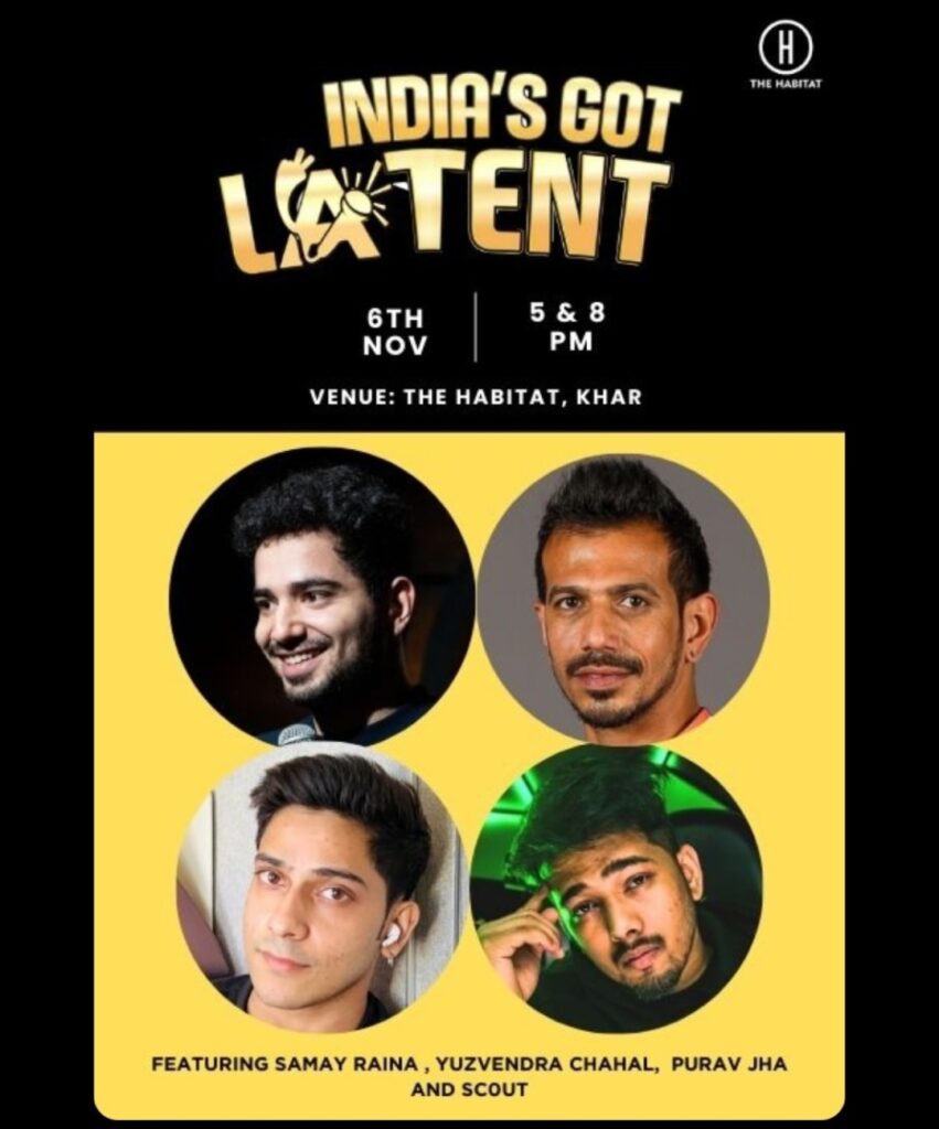 A scene from "India's Got Latent" talent show featuring judges Yuri Chahal, Purav Jha, Scout (Tanmay Singh), and Samay Raina seated at the judging panel, each bringing their unique expertise to evaluate diverse contestants on stage.