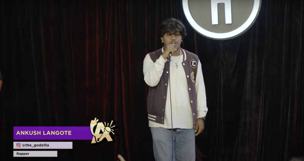  Ankush Langote performing his original rap song "I Don’t Even Know" with dynamic expressions on the stage of India’s Got Latent Episode 11