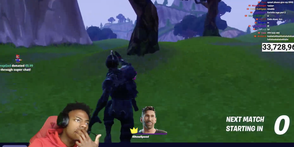 IShowSpeed streaming Messi skin in Fortnite on December 14, 2024.