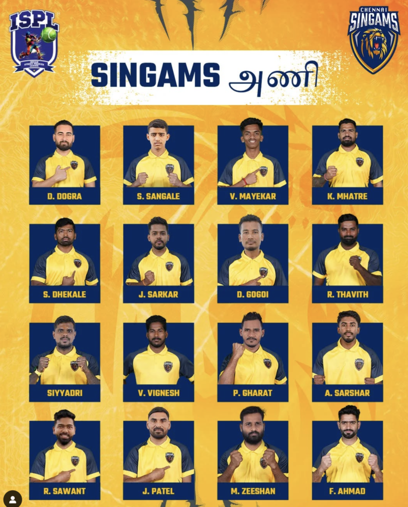 Chennai Singhams cricket team lineup for ISPL Season 2 with all players wearing yellow and navy-blue jerseys