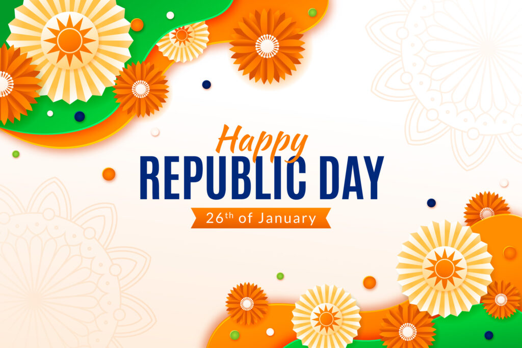 "Full HD 76th Republic Day image download with vibrant tricolor design and Indian landmarks."