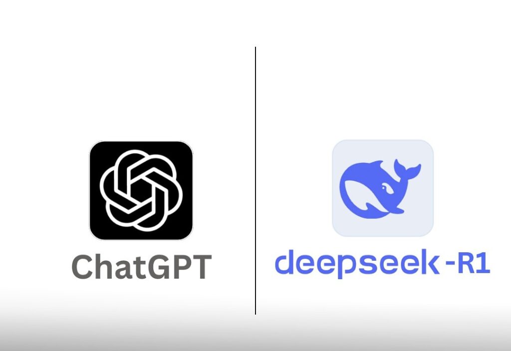 Side-by-side comparison of DeepSeek and ChatGPT interfaces showing advanced AI capabilities through glowing neural networks