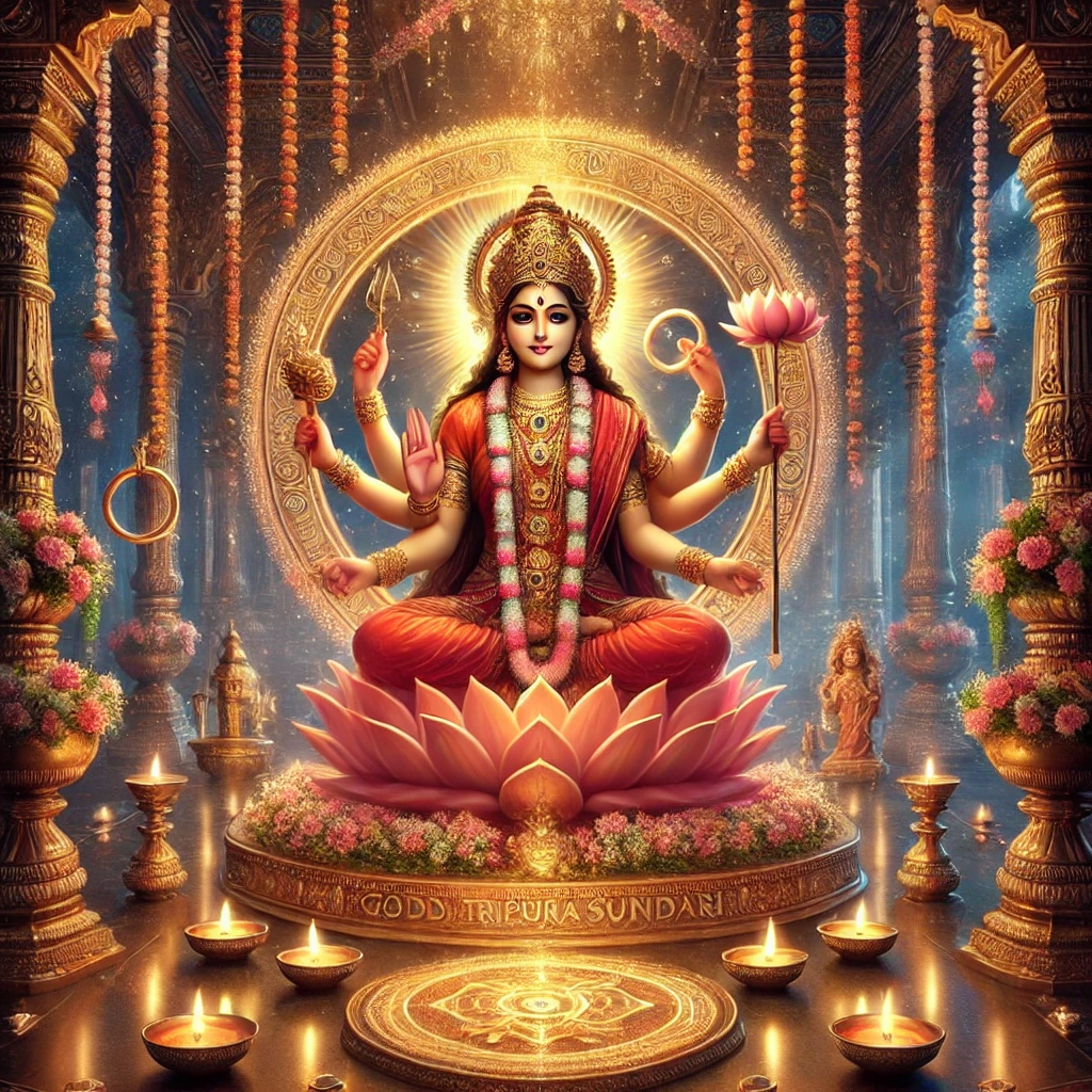 त्रिपुरा सुंदरी की उपासना – एक भक्त पारंपरिक हिंदू मंदिर में देवी त्रिपुरा सुंदरी की पूजा कर रहा है, सफेद वस्त्र धारण किए हुए, फूल अर्पित कर रहा है और धूप जलाकर देवी की आराधना कर रहा है।