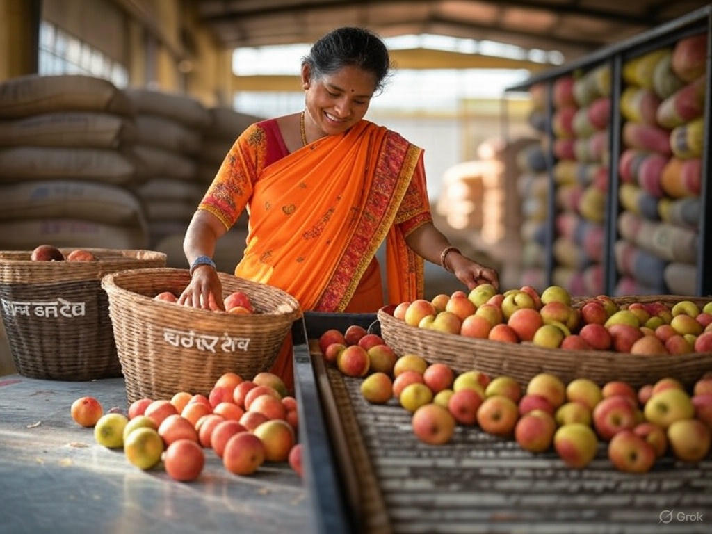 "एक महिला किसान साड़ी में एक रंग-बिरंगे गोदाम में छंटाई मशीन से अच्छे और खराब सेब अलग कर रही है। मशीन के पास दो टोकरियाँ हैं जिन पर लिखा है ‘अच्छे सेब’ और ‘खराब सेब’, और पीछे अनाज की बोरियाँ साफ-सुथरे ढेर में हैं।"