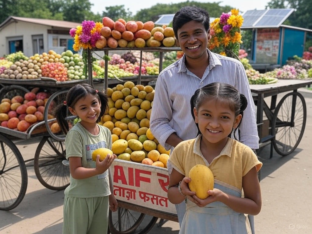 "एक खुशहाल बाज़ार में एक विक्रेता ‘AIF से ताज़ा फसल’ लिखे ठेले से ताज़े आम और आलू बेच रहा है। एक छोटी लड़की चोटी में आम पकड़े मुस्कुरा रही है, और पीछे सोलर पैनल वाला एक छोटा गोदाम दिख रहा है।"