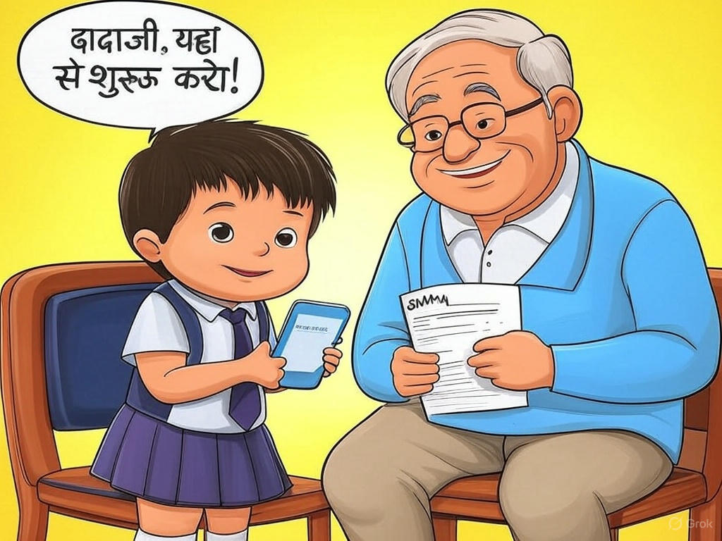 बच्चा अपने दादाजी को SMAM वेबसाइट दिखाते हुए, फॉर्म के साथ।