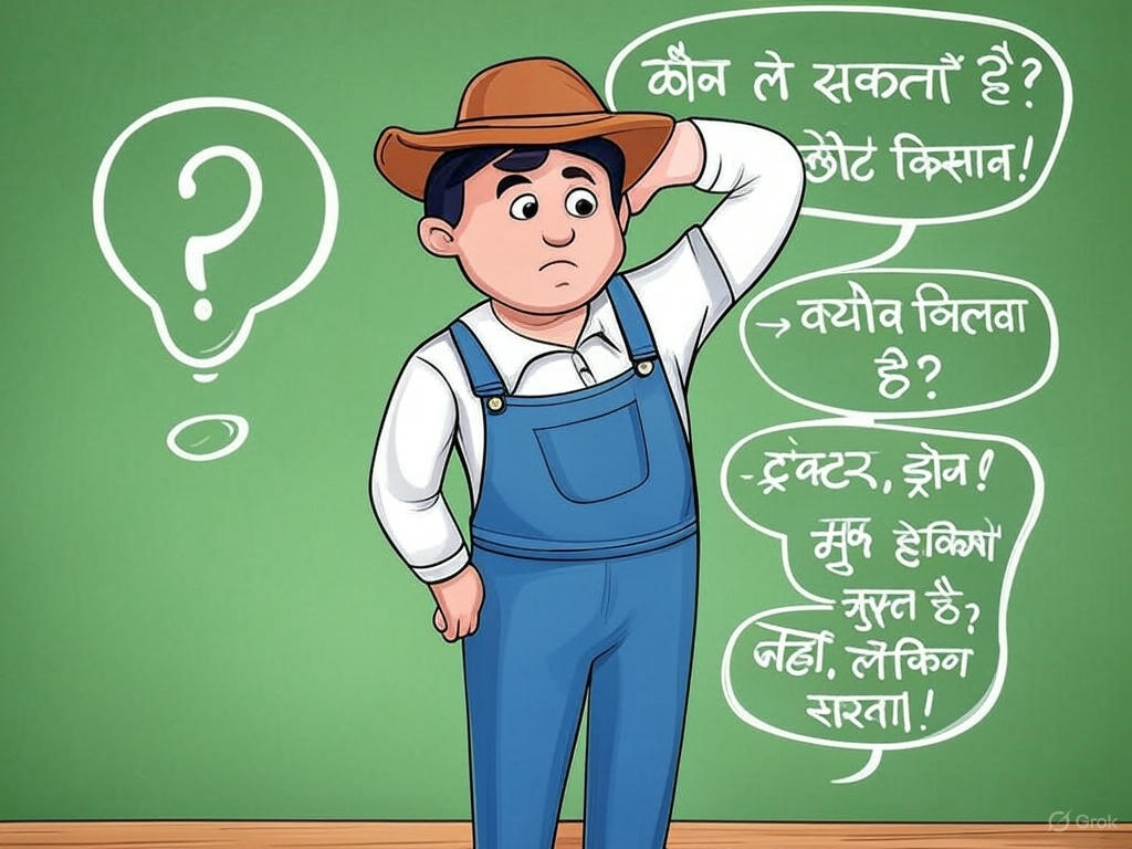 SMAM के सवाल-जवाब का चित्र: किसान पूछता है, जवाब चॉकबोर्ड पर।