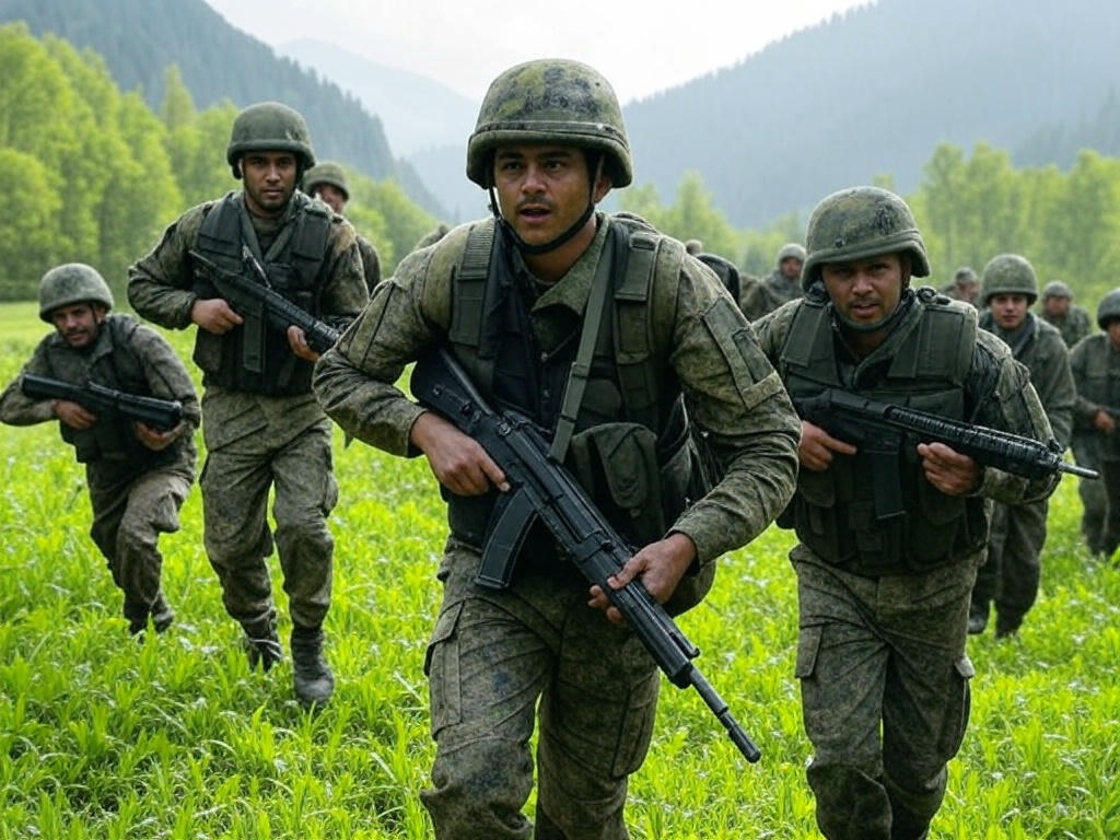 Indian Army personnel in action, moving toward the attack site with rifles, set against Pahalgam’s green landscape. Caption: “Security Forces Respond to Pahalgam Attack