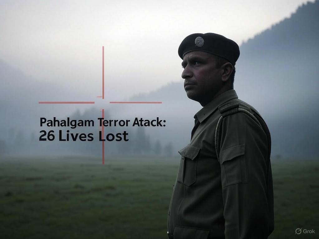 A somber scene of Pahalgam’s Baisaran meadow with security forces patrolling the area, misty hills in the background, and a subtle overlay of a red cross to symbolize the tragedy.