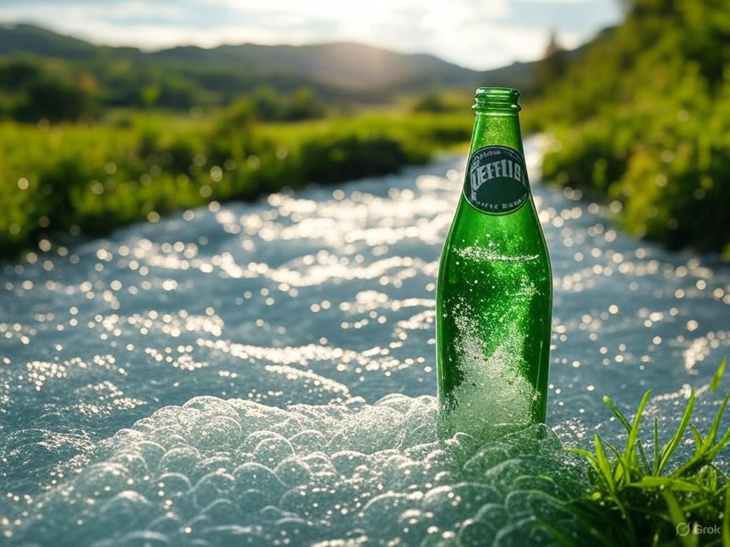 A green Perrier bottle with fizz popping out.