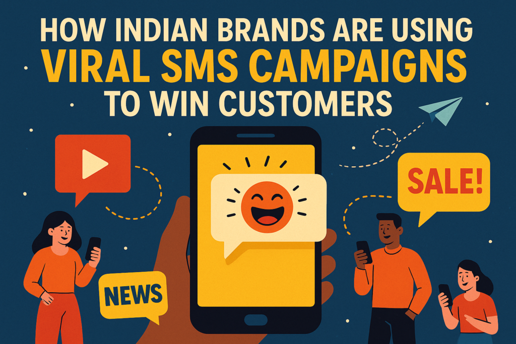 A digital illustration showing a smartphone screen with colorful, catchy SMS messages featuring emojis, sale offers, and bold text, set against a vibrant blue background, symbolizing how Indian brands use viral SMS campaigns to engage customers.