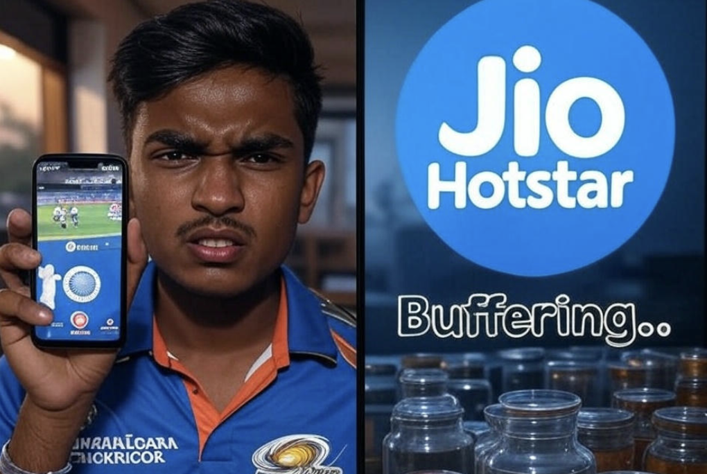 "Frustrated cricket fan watching low-quality Mumbai vs Delhi IPL match stream on JioCinema and Hotstar with buffering icon and blurry video"