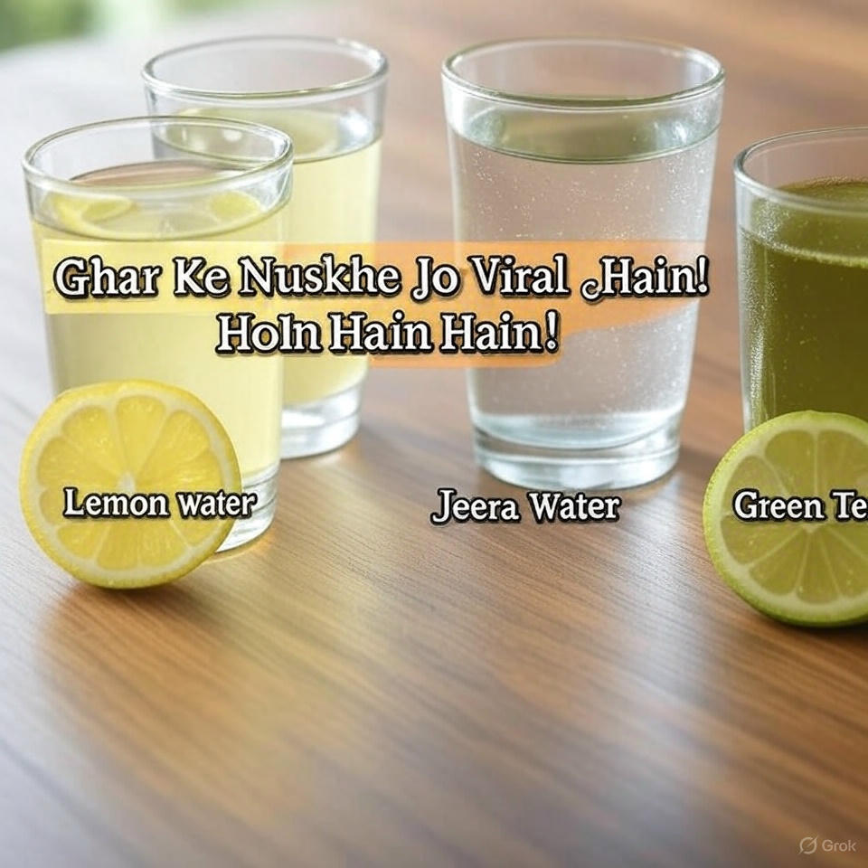 Top 3 Indian detox drinks for belly fat loss – lemon water, jeera water, and green tea on wooden table for pet kam karne ke gharelu upay