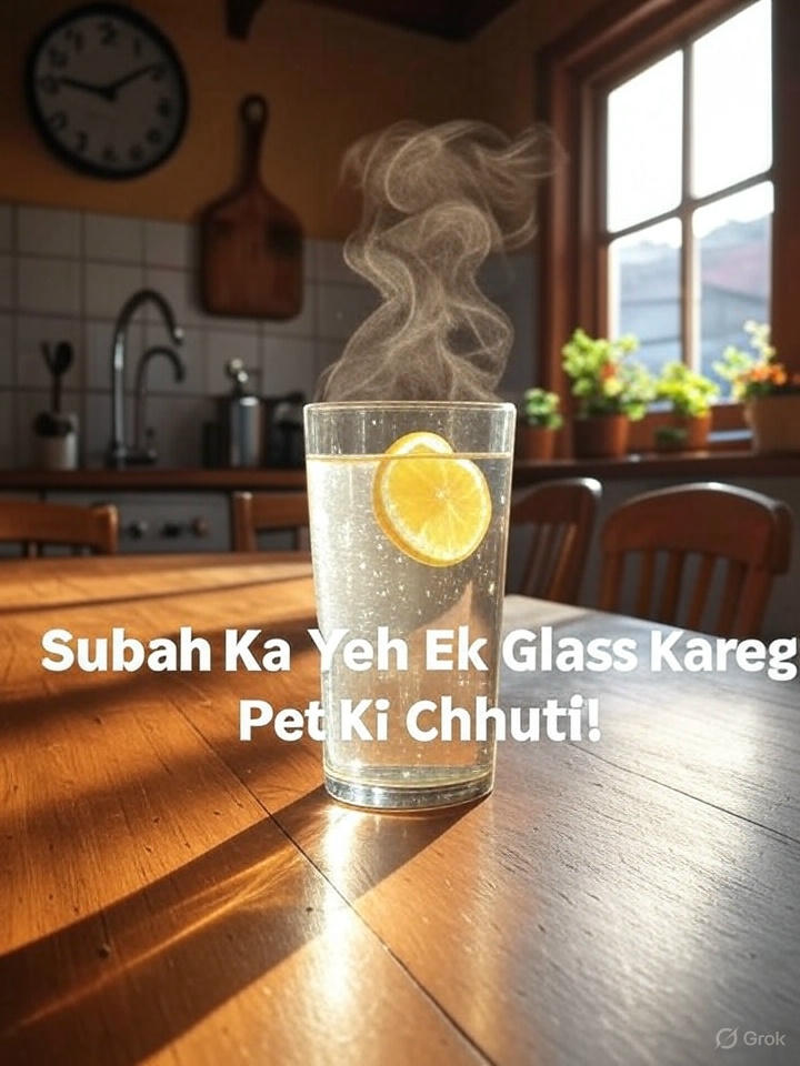A glass of lemon water on a table with early morning sunlight, representing a pet kam karne ka gharelu upay.