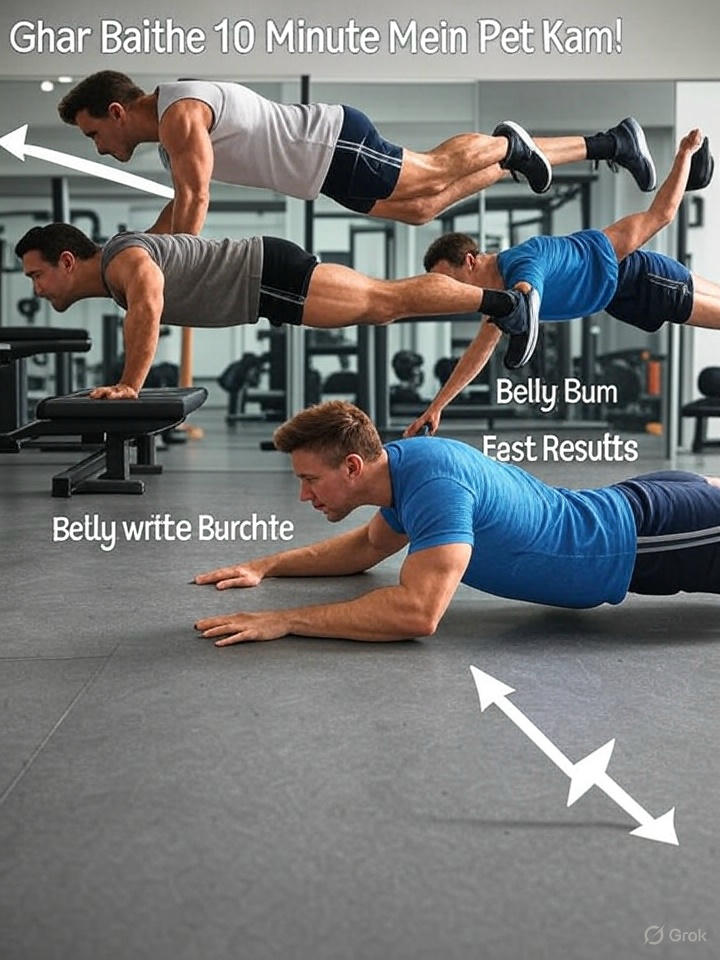 Home workout routine with plank, mountain climbers, and leg raises to show pet kam karne ka tarika.