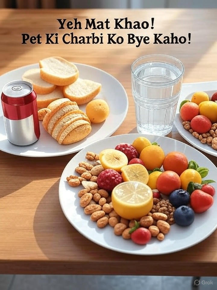 Healthy vs unhealthy food comparison for pet kam karne ke liye diet change.