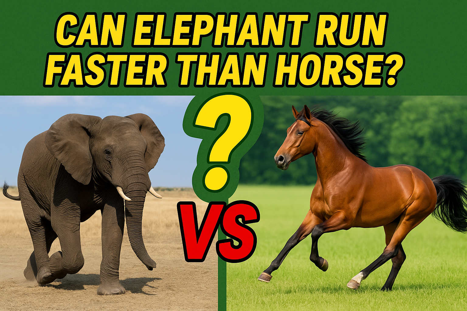 An elephant running on a dry savanna and a horse galloping on a green field, with a bold yellow headline "CAN ELEPHANT RUN FASTER THAN HORSE?" above them, and a large green question mark and red "VS" symbol between the two animals.